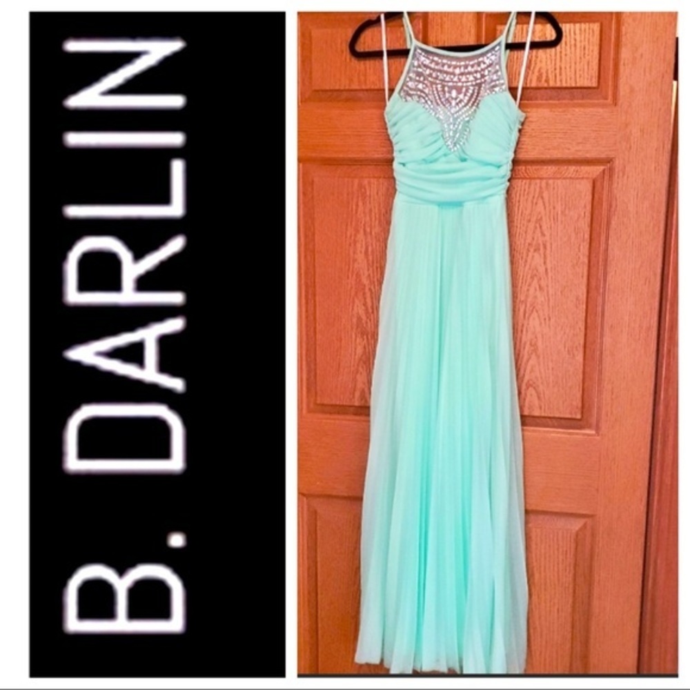B. Darlin Ruched Beaded Mint Green Evening Gown - Picture 3 of 6